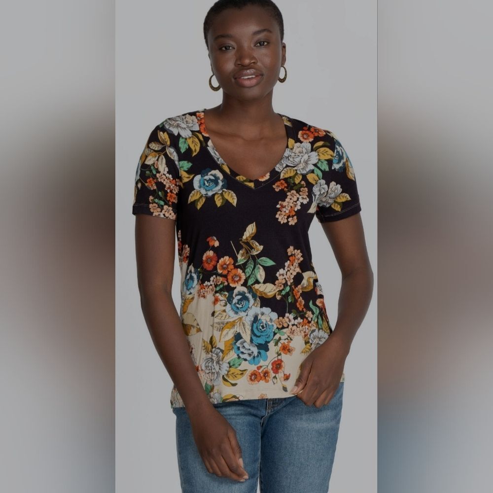 Johnny Was Black Floral V-Neck Short Sleeve Tee with Blue & Cream Accents